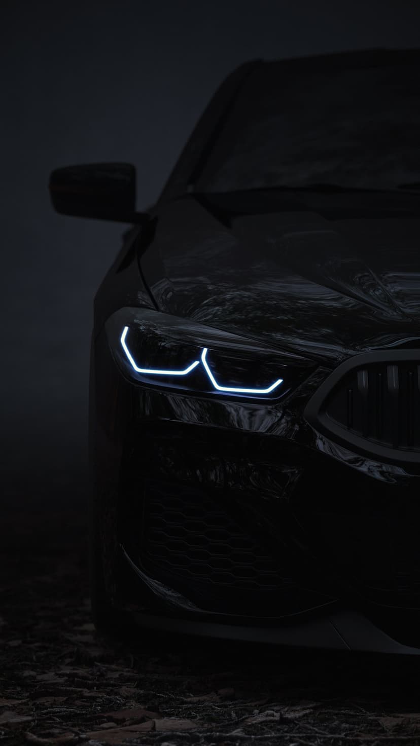 BMW luxury car with glowing blue LED headlights and a black kidney grille in a dark, misty night setting.