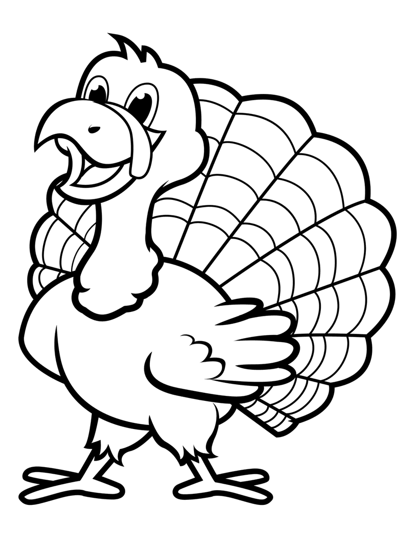 Turkey coloring page features a standing bird with fanned tail feathers and bold black line art outlines.