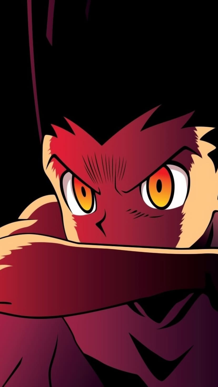 Gon Freecss stares forward with glowing orange eyes and spiky black hair against a dark shadowy background.