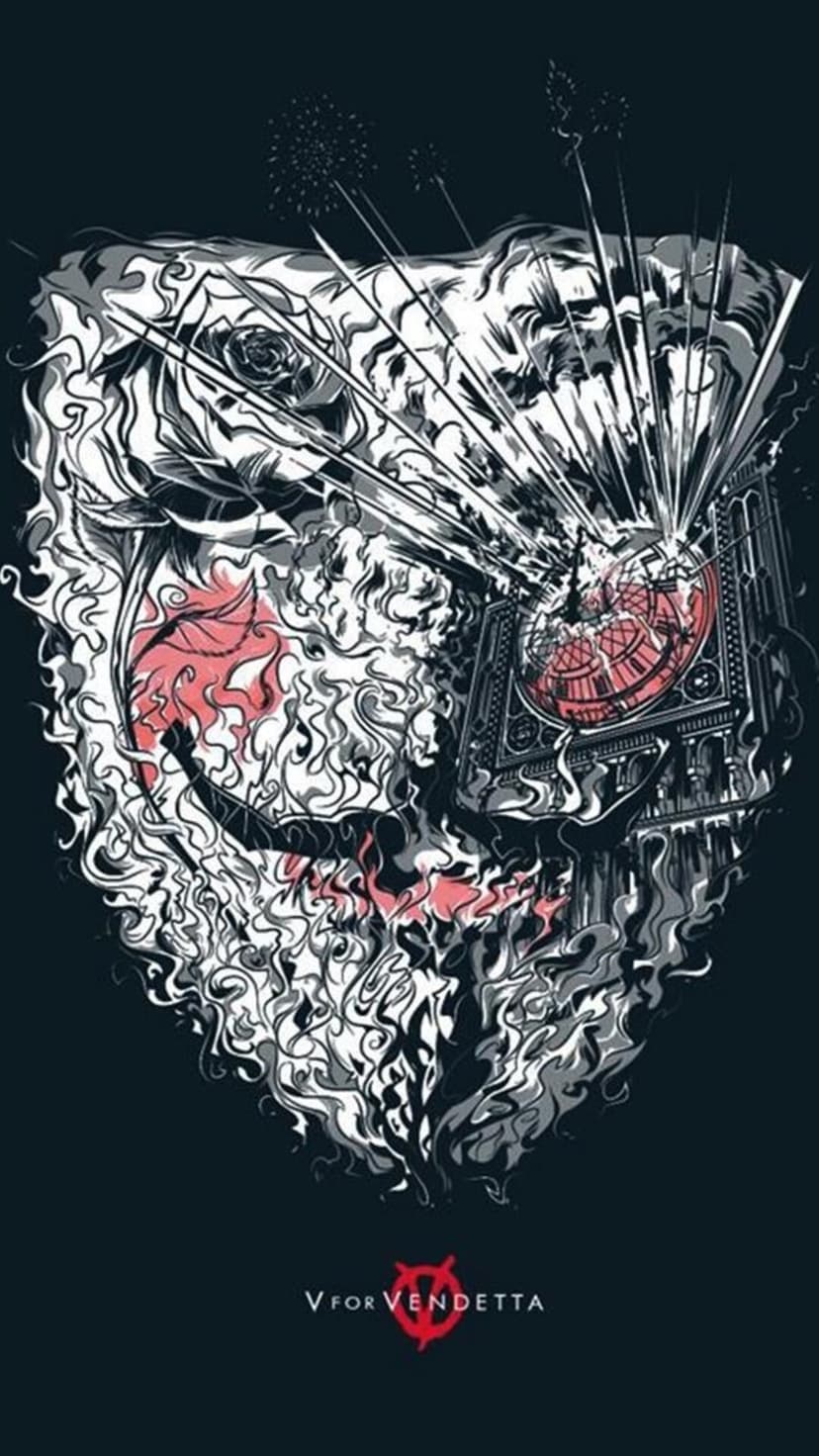Guy Fawkes mask exploding with red sparks and a crumbling clock tower against a dark, monochromatic background.