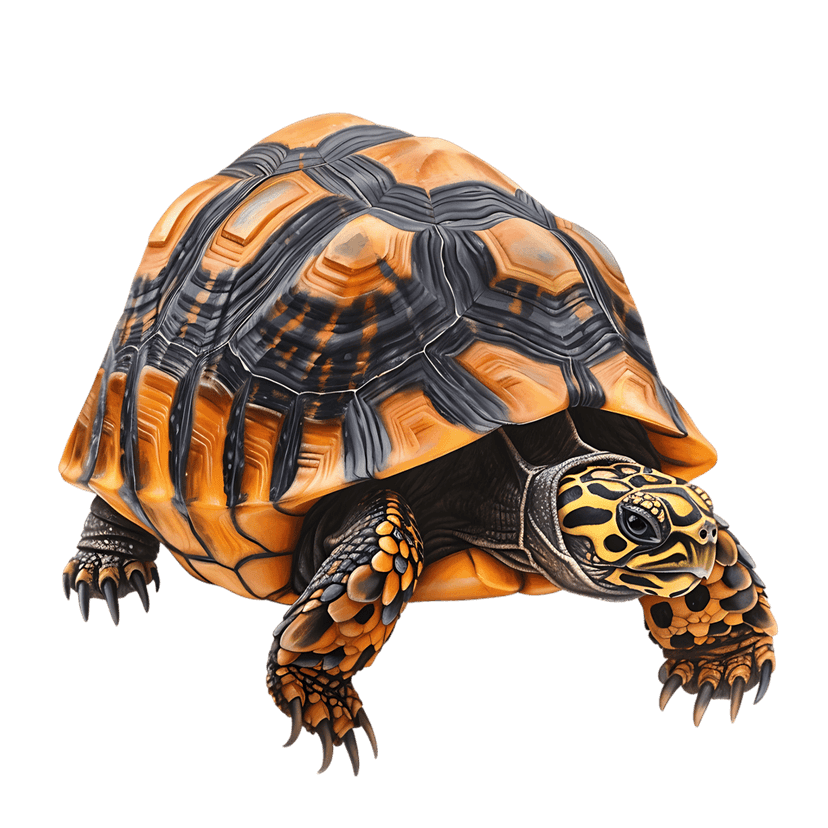Wood turtle displaying yellow and black geometric shell patterns and sharp claws against a dark background.