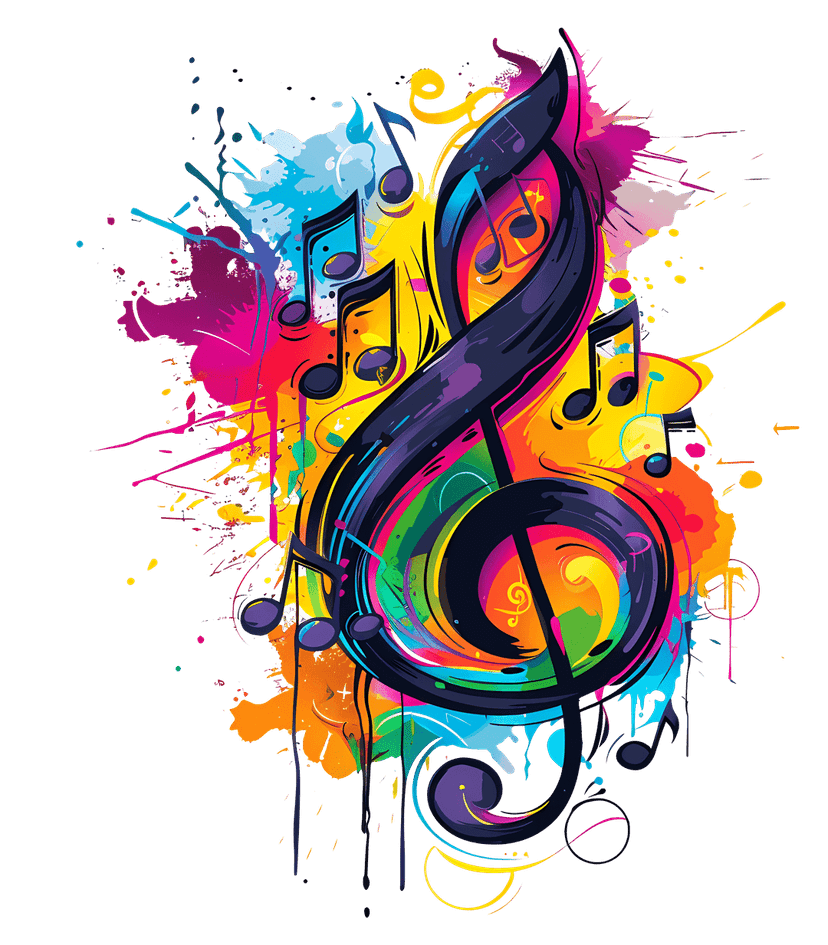 Treble clef vector graphic with vibrant rainbow music notes floating around a glossy neon gradient symbol.