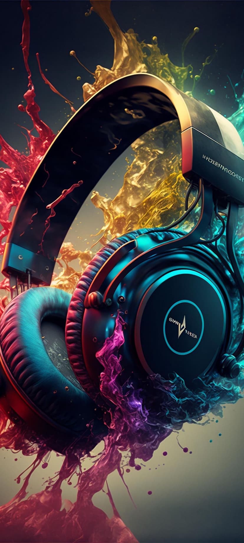 Matte black headphones featuring glowing teal accents surrounded by vibrant red and yellow liquid paint splashes.
