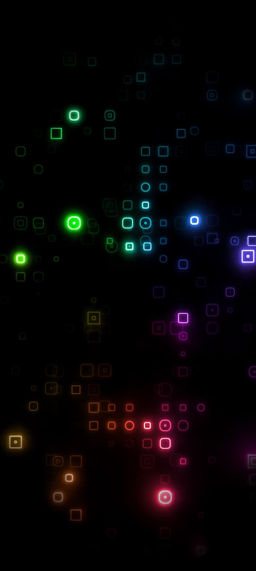 Glowing neon squares and overlapping circles in pink, blue, and green hover against a deep black background.