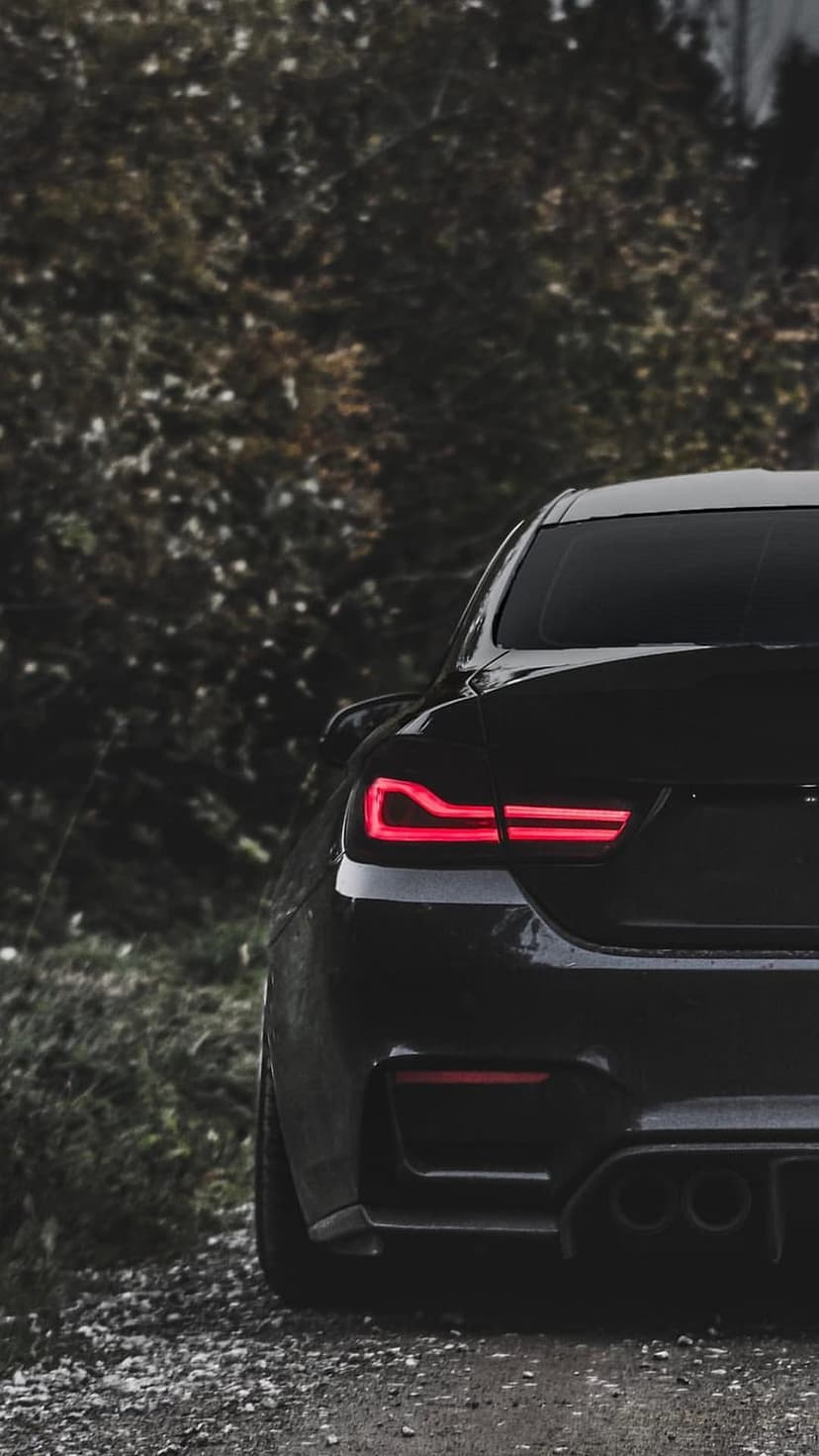 BMW M4 rear LED taillights glowing red amidst dark green forest foliage on a textured gravel road at night.