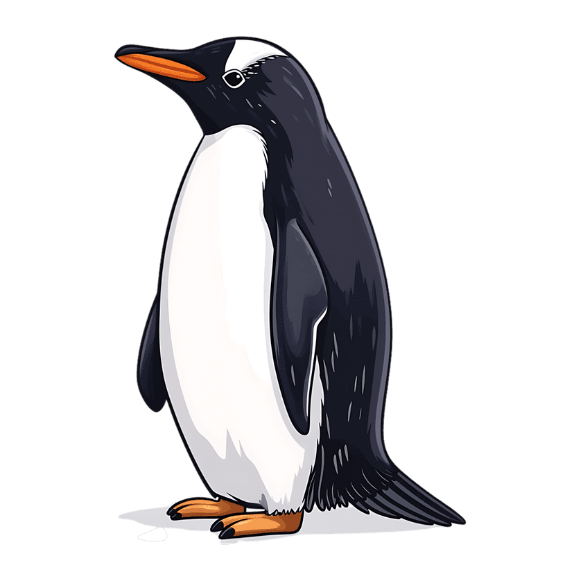 Gentoo penguin illustration with a bright orange beak and white crown markings standing on a black background.