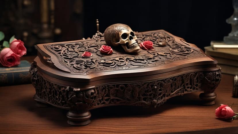 Miniature skull and red roses rest on an intricately carved wooden chest with decorative legs on a dark surface.