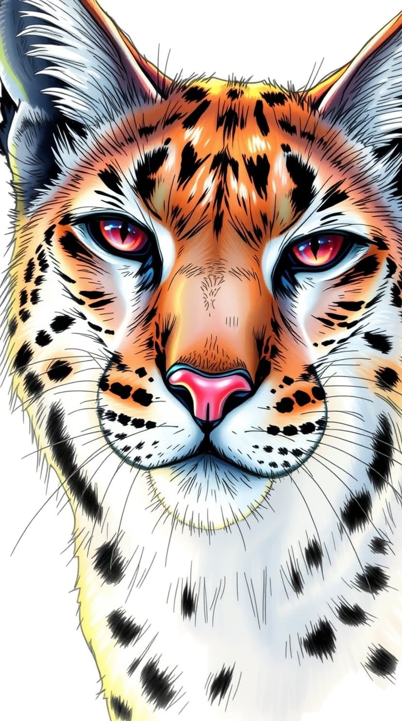 Bobcat face featuring intense crimson eyes, a pink nose, and sharp fur patterns in a vertical close-up view.