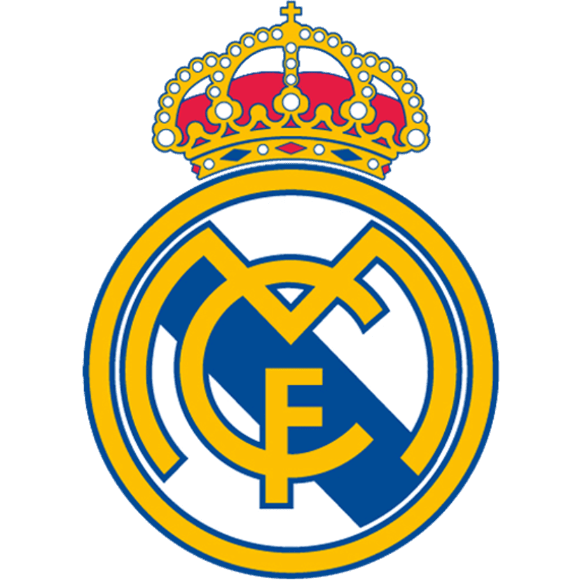 Real Madrid crest featuring a royal crown, circular border, diagonal blue sash, and gold monogram initials.