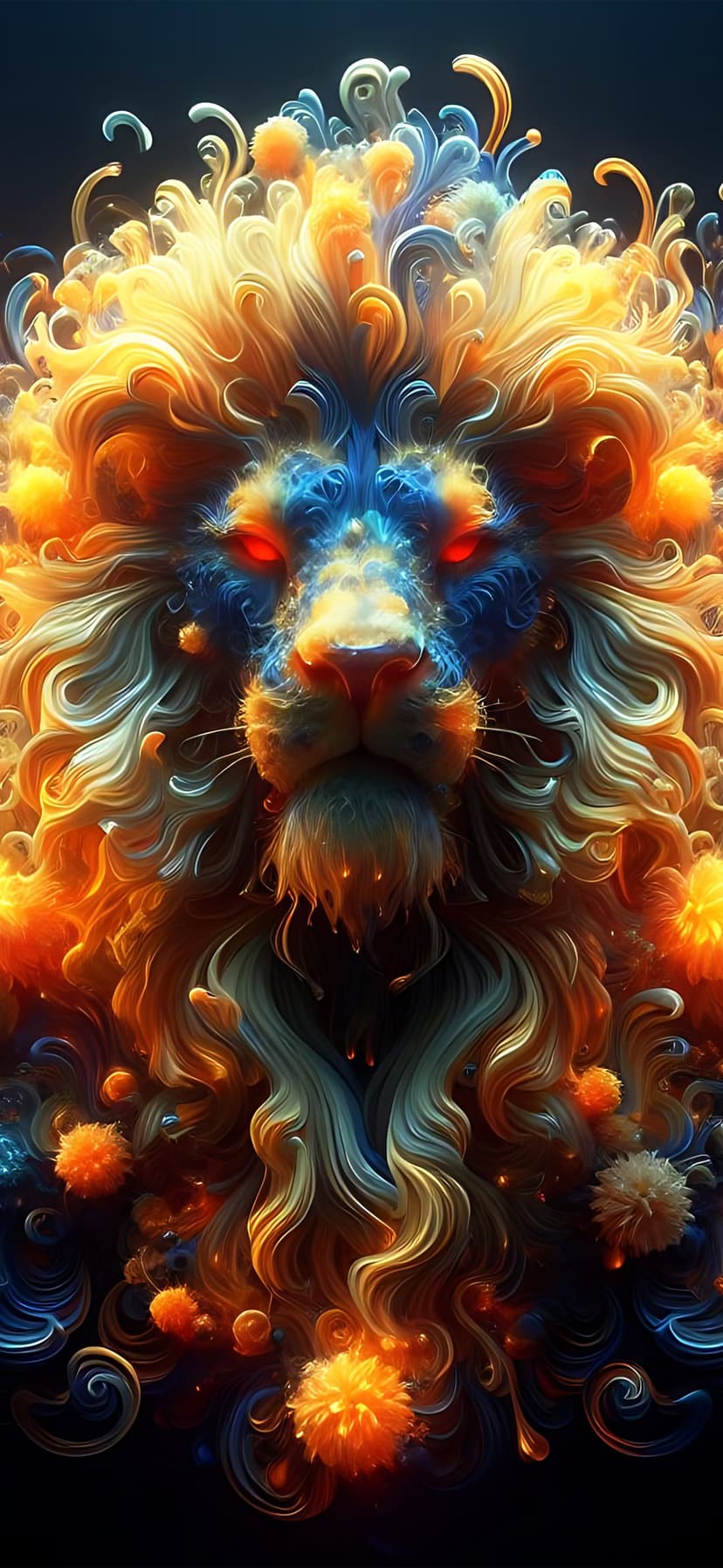 Lion face with glowing red eyes and a mane of swirling orange and blue cosmic energy amidst floating stardust.