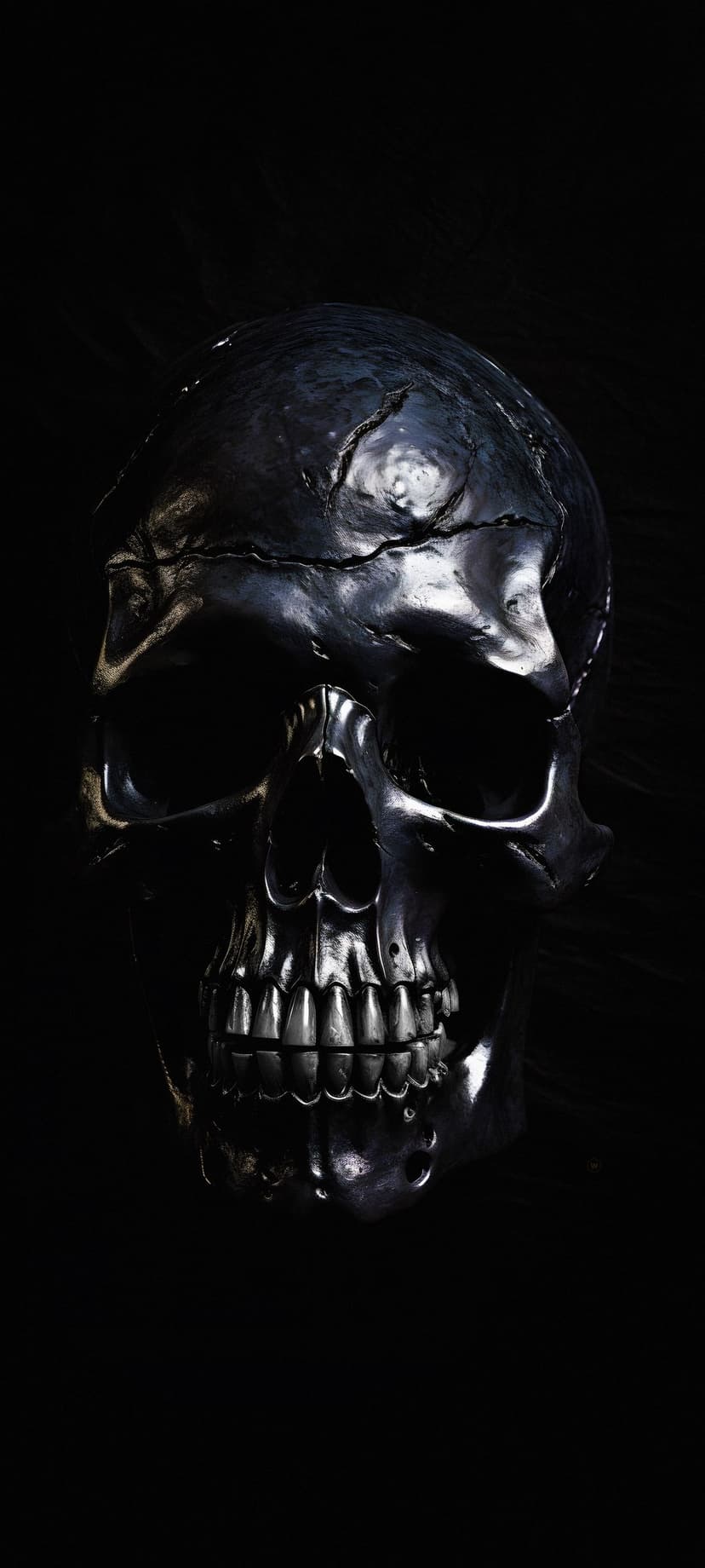 Metallic skull with intricate carvings and reflective chrome surfaces isolated on a solid black background.