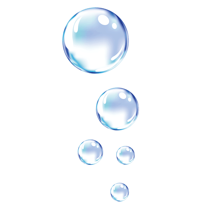 Blue water bubbles floating with transparent droplets show realistic light refractions and crisp highlights.