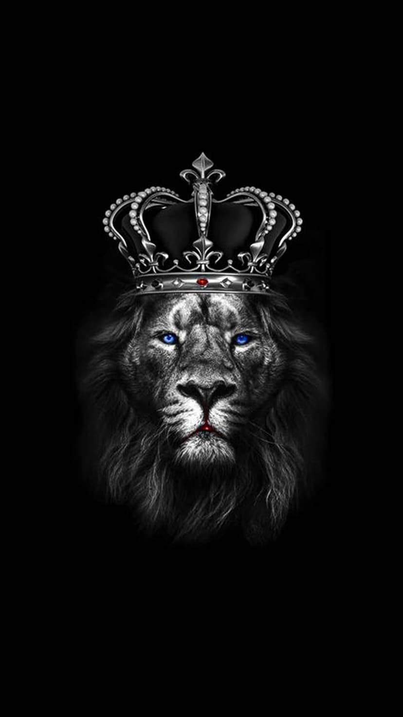 Lion head wearing a silver jeweled crown with glowing blue eyes and a dark mane against a black background.
