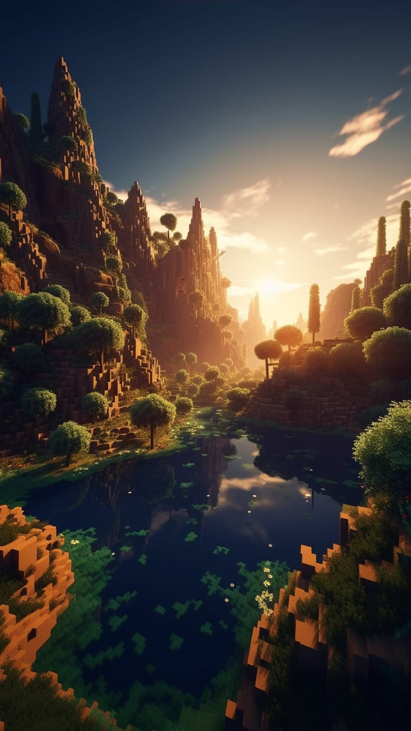 Geometric canyon walls and a blue river under an orange sunset sky with scattered blocky green trees.