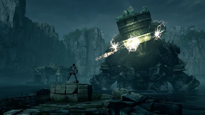 Wander stands on a stone ruin facing the giant colossus Pelagia amidst glowing electric sparks in a dark lagoon.