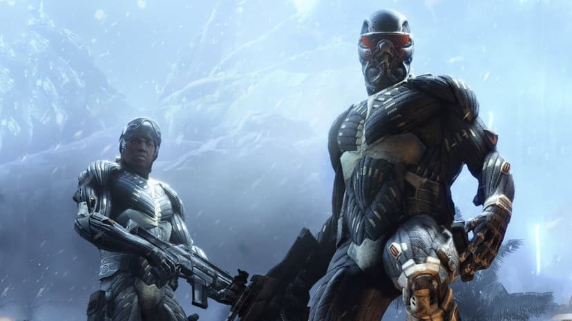 Two futuristic soldiers in fiber-textured armor stand in a snowy mountain landscape with cool blue lighting.