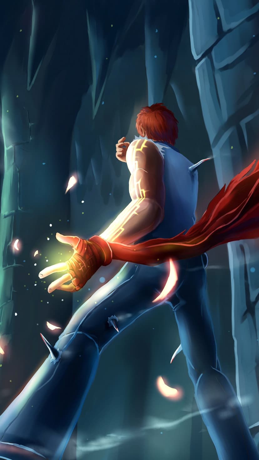Male anime warrior with a glowing palm and long red scarf stands in a dynamic pose against a dark background.