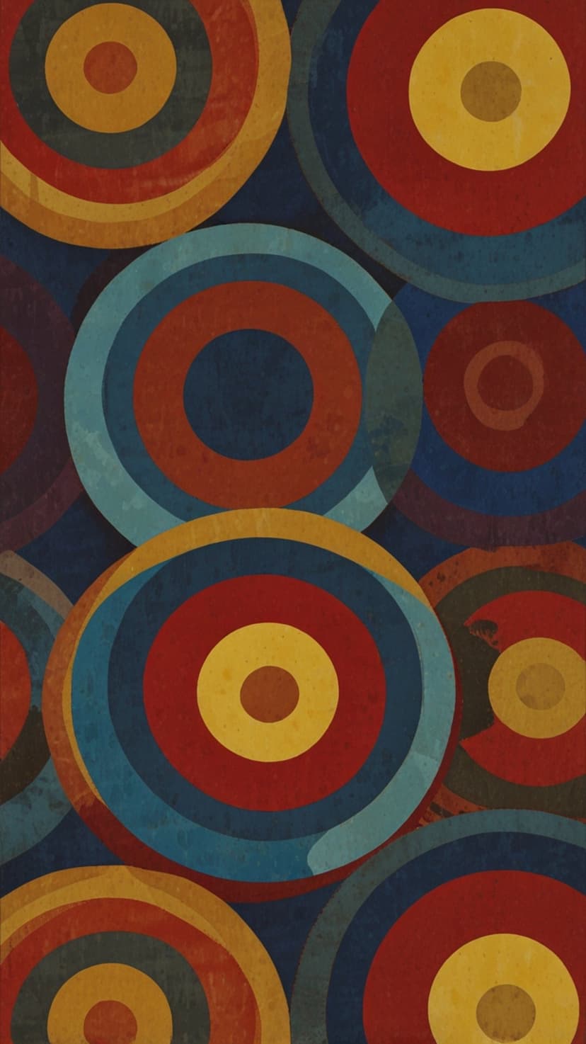Concentric circles in navy blue, terracotta, and mustard yellow overlap in a rhythmic retro geometric pattern.