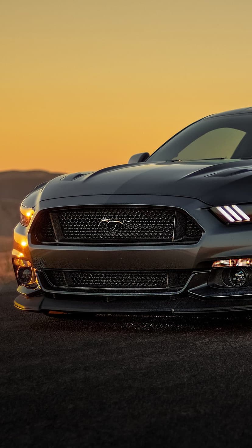 Dark gray Ford Mustang grille and illuminated headlights against a warm golden hour sunset on asphalt.