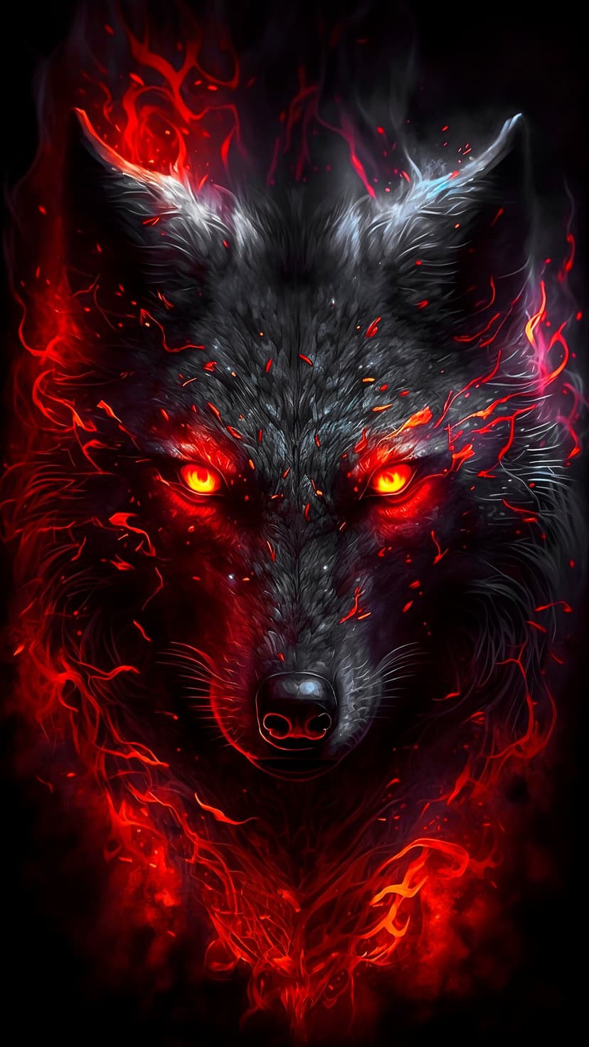 Black wolf with glowing red eyes surrounded by fiery embers and smoke against a dark background.