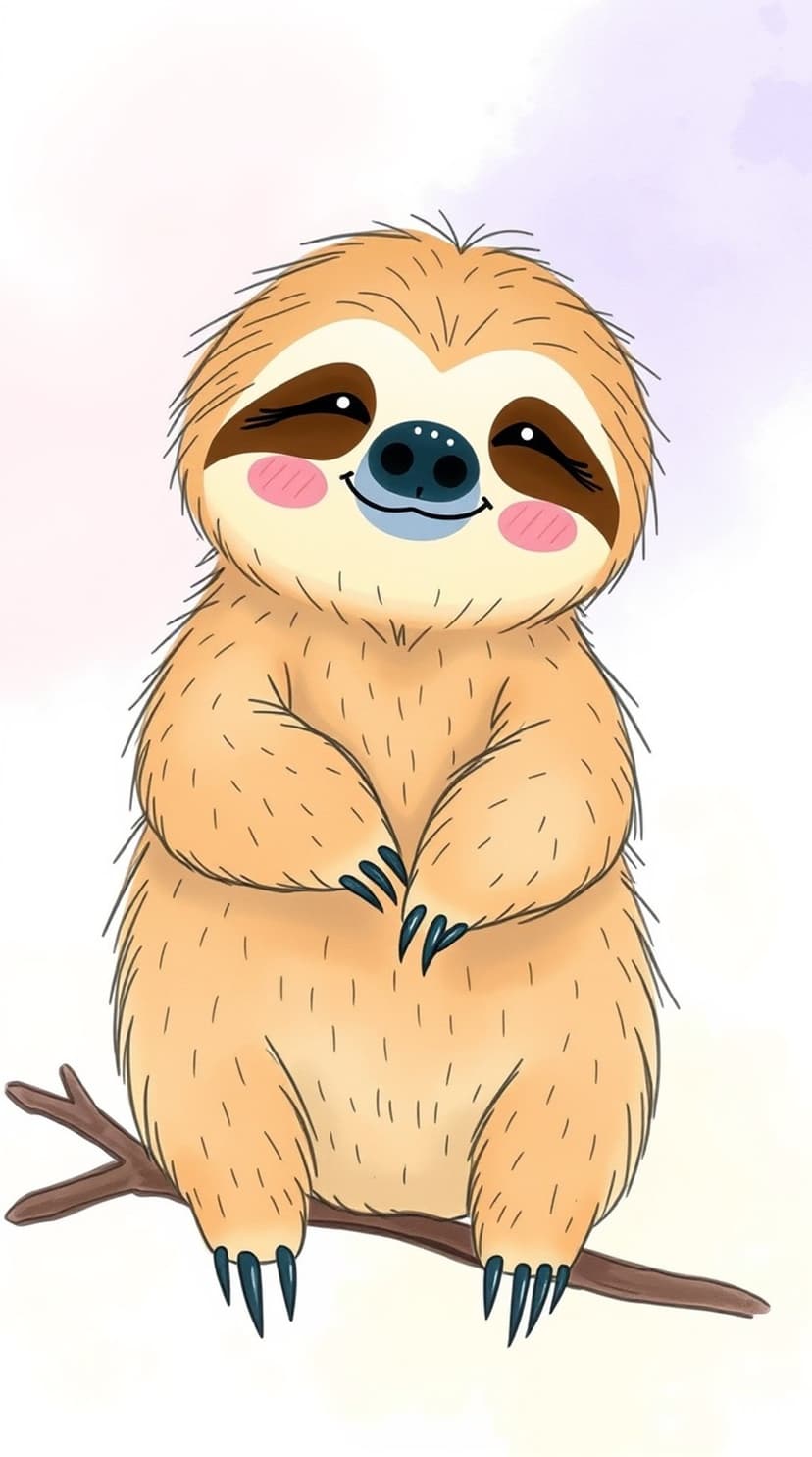 Baby sloth with large eyes and pink cheeks perching on a brown branch against a lavender watercolor backdrop.