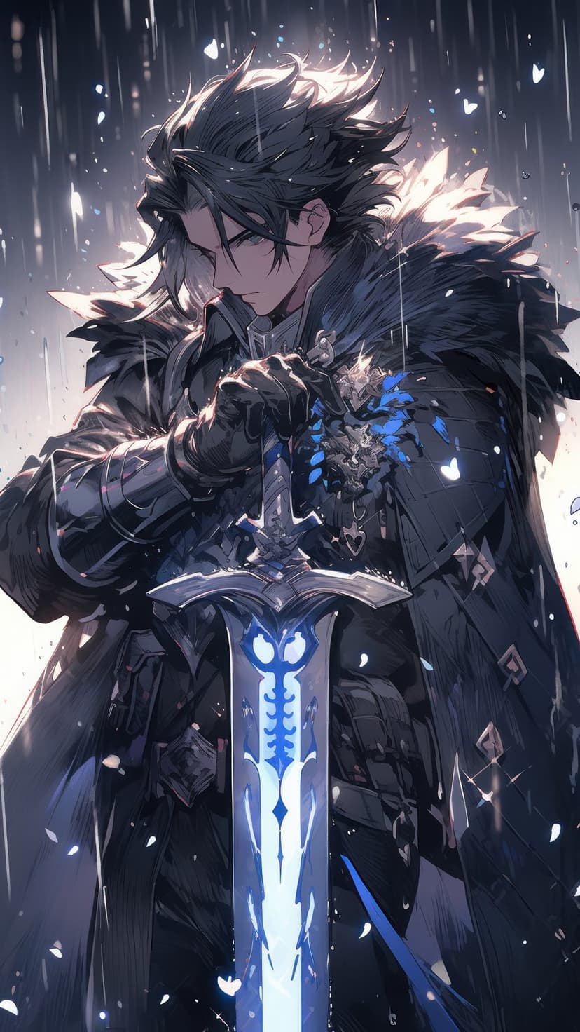 Dark-haired knight in a fur cloak holds a glowing blue sword during a heavy rainfall with floating embers.