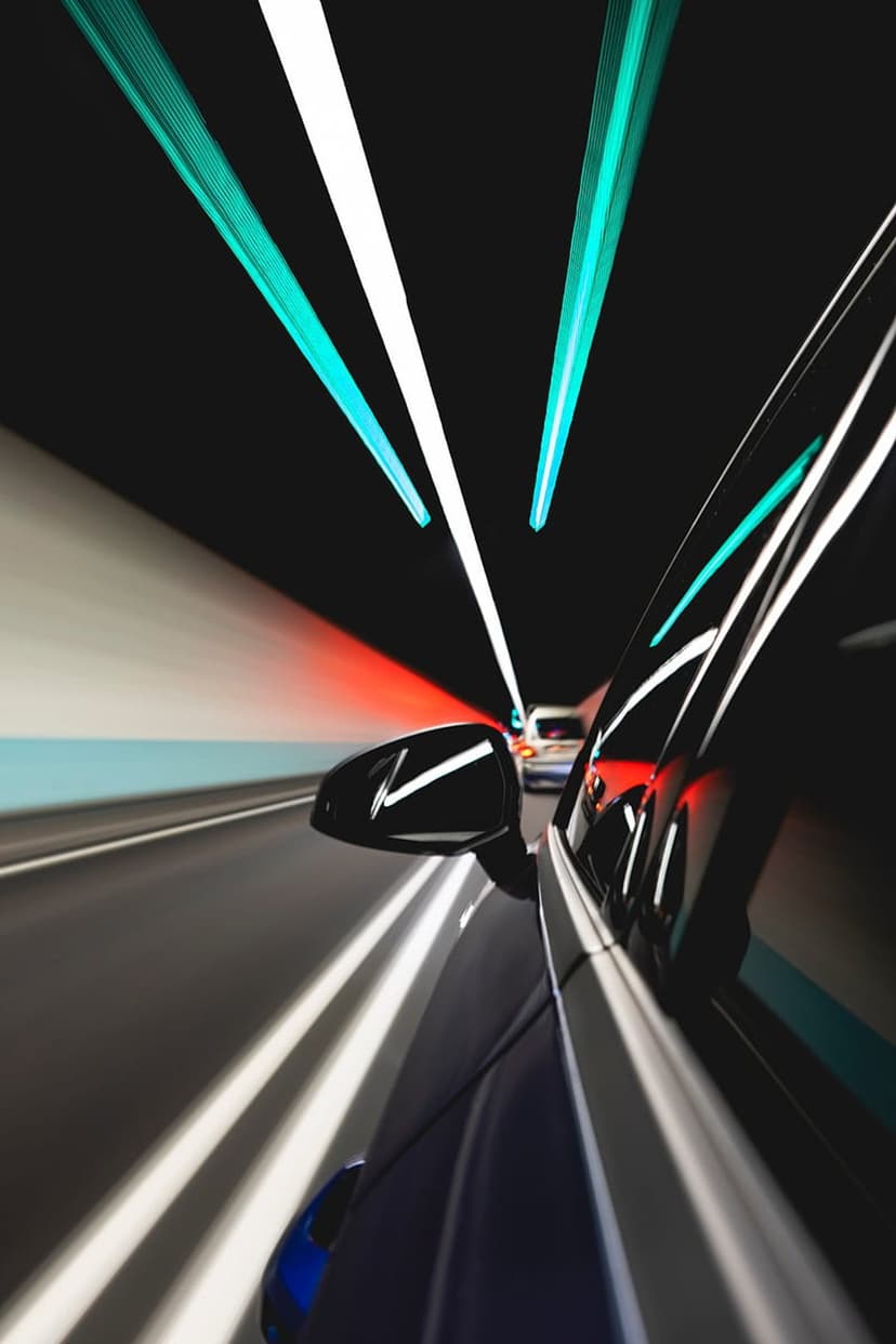 Car racing through a dark tunnel with blurred turquoise light trails reflecting off the door and side mirror.