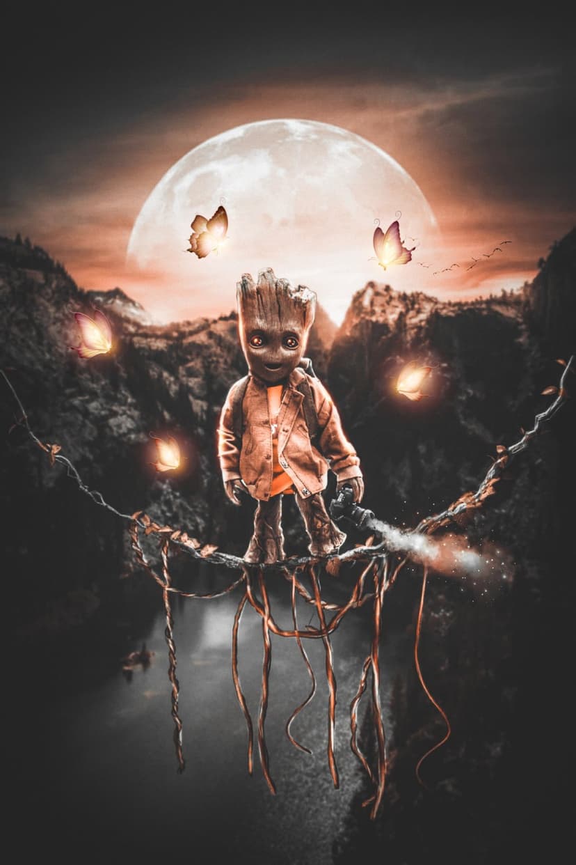 Baby Groot stands on a vine silhouetted by a large full moon as glowing butterflies fly through a night sky.