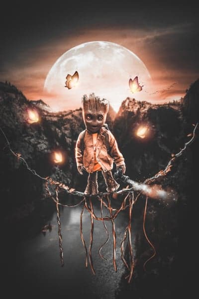 Luminous Baby Groot Night Moonlit Forest Phone Background