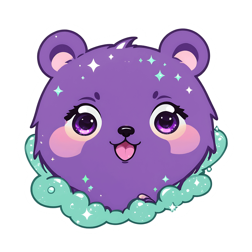 Purple bear sticker illustration featuring iridescent eyes, pink cheeks, and aqua clouds with white sparkles.