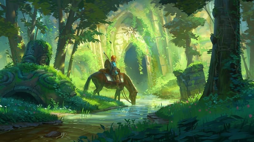 Link sits on a horse drinking from a stream near mossy ruins with a sunlit Triforce symbol in a dense forest.