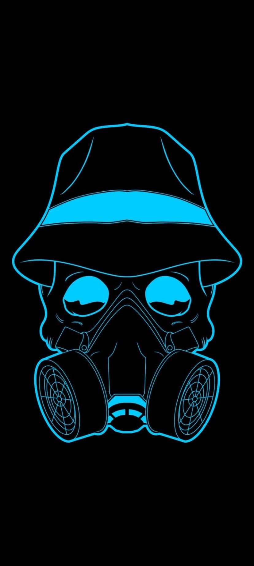 Luminous cyan skull wearing a gas mask and a fedora hat centered against a solid dark black background.