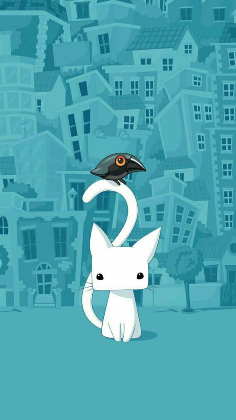 White cat with a curled tail and a small black bird sit amidst tilted blue buildings in a minimalist city.