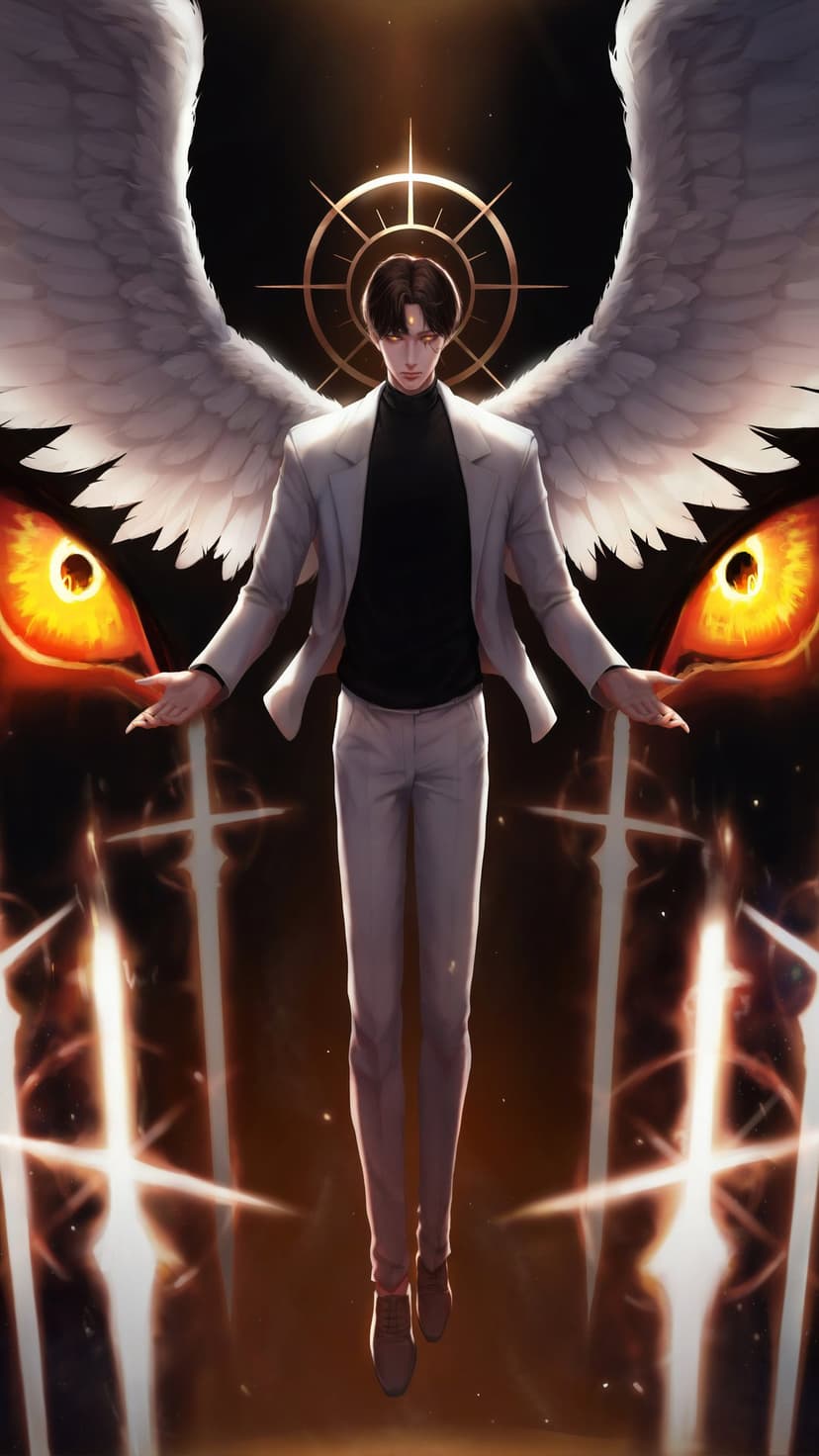 Angelic figure with white wings and glowing golden eyes holds radiant swords against a dark, mystical backdrop.