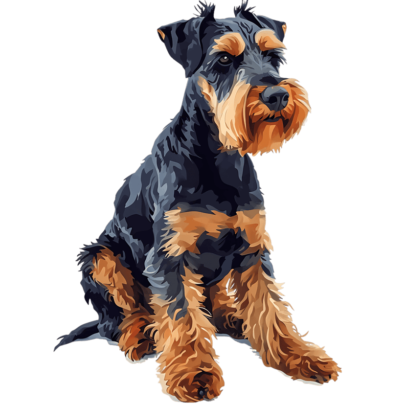 Airedale Terrier sitting attentively with textured black and tan fur against a solid dark background.