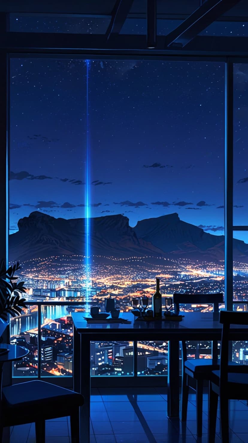 Futuristic neon cityscape at night with a bright blue light beam rising into a starry sky from a balcony view.