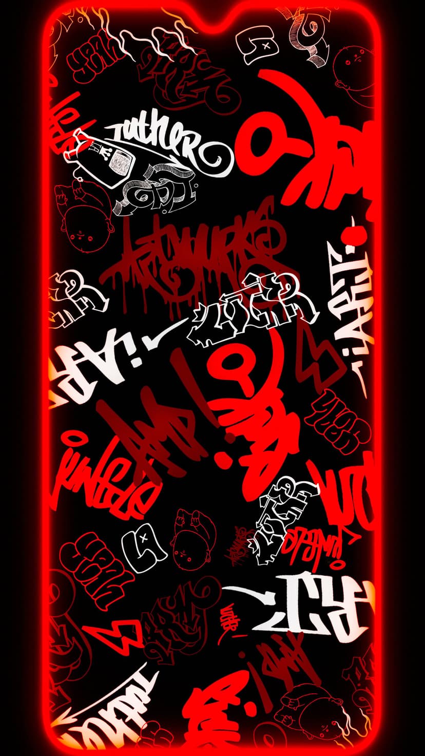 Stylized red and white graffiti tags with a glowing crimson outline set against a dark black background.