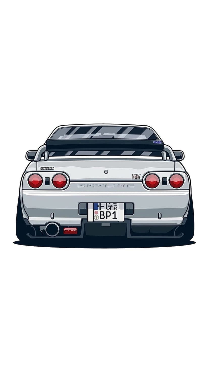 White Nissan Skyline GT-R R32 rear view showing circular red taillights, a tall spoiler, and a license plate.