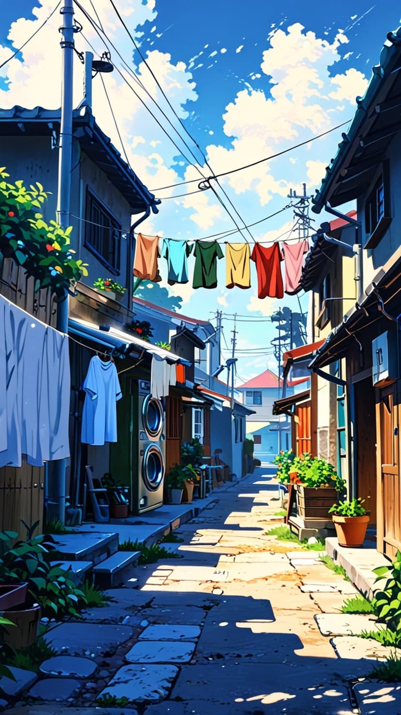 Fresh laundry hangs on a clothesline within a sunlit Japanese alleyway under a bright blue sky with fluffy clouds.