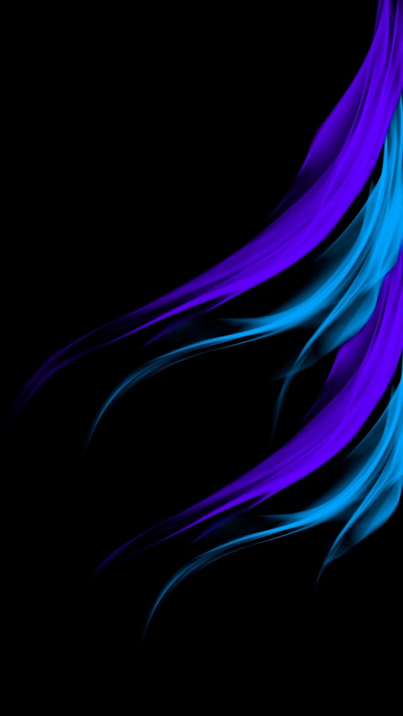 Translucent blue and purple neon ribbons spiral through a pitch-black space with soft glowing edges.