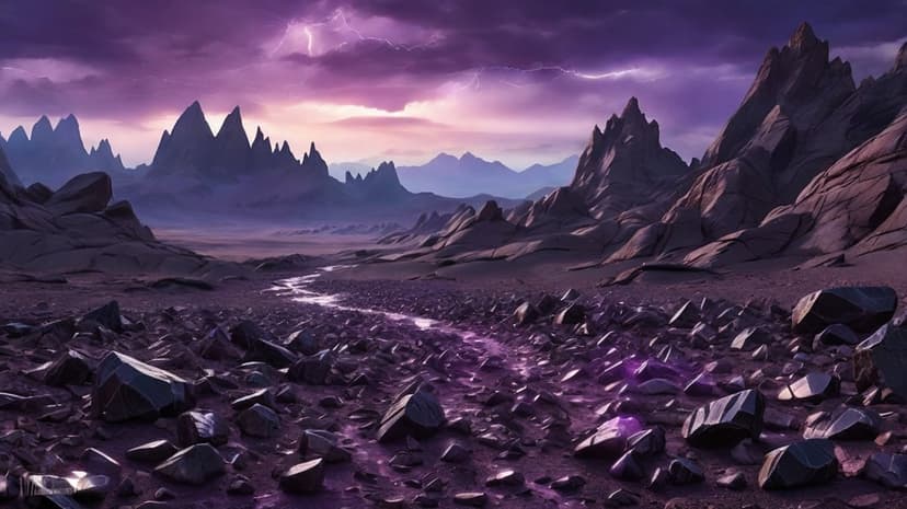 Jagged violet mountains overlook a glowing stream under a dark purple sky with lightning on an alien world.