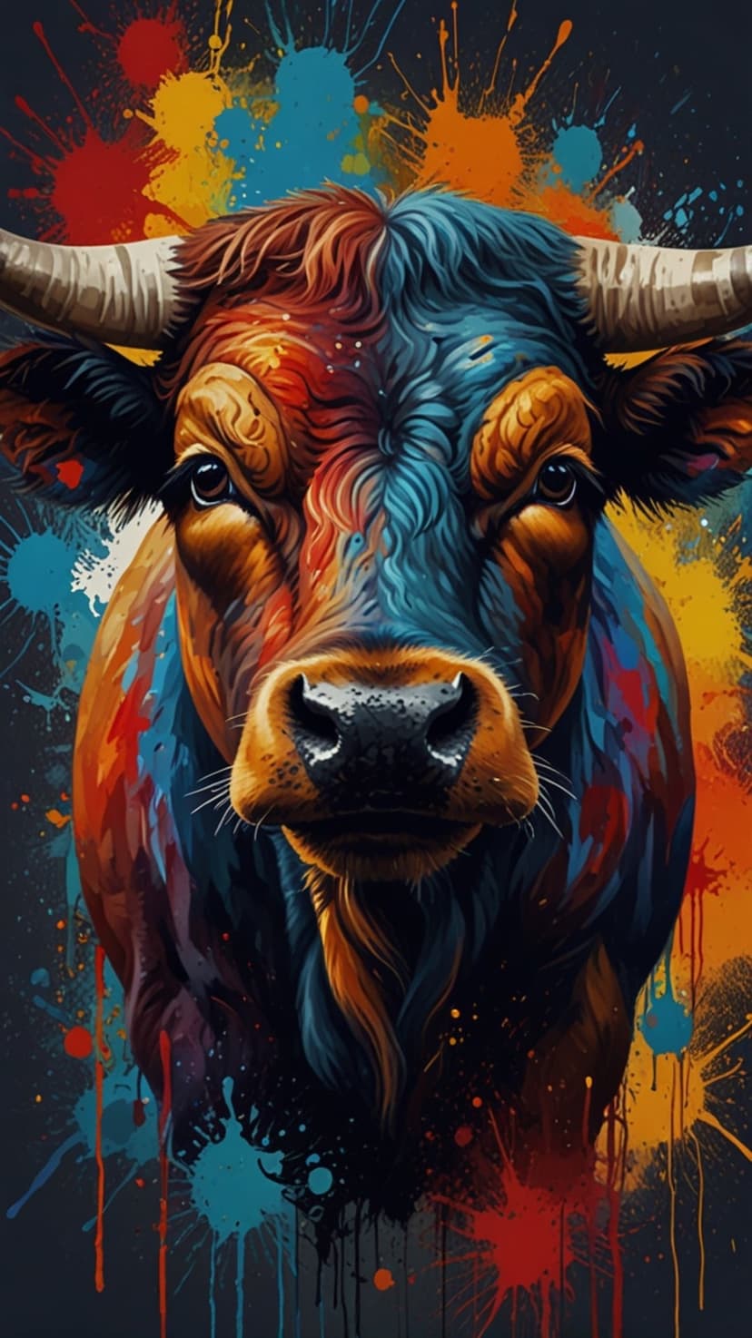 Bull face with sharp horns surrounded by red, blue, and yellow paint splatters against a solid black backdrop.