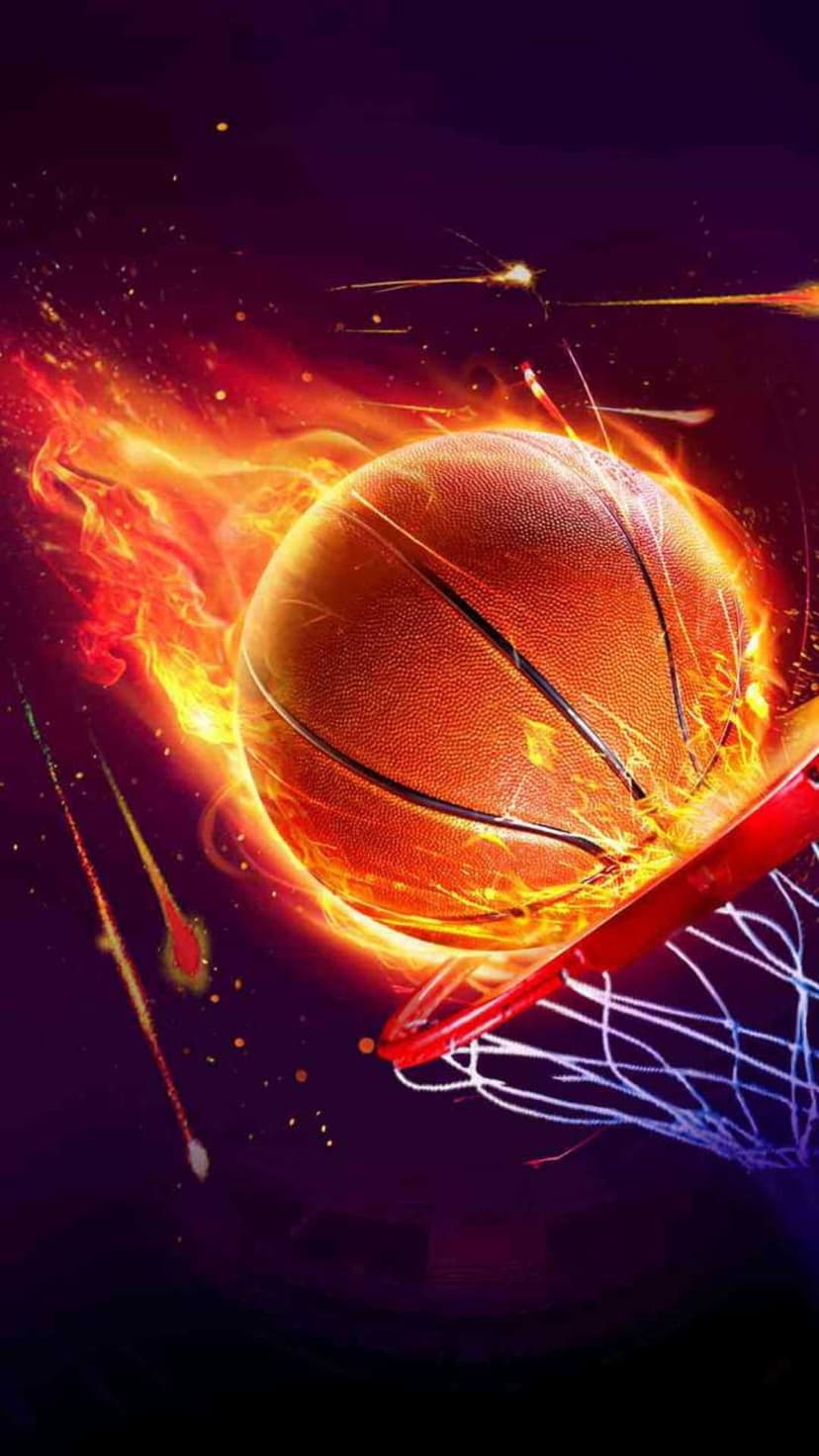 Flaming basketball passing through a burning hoop with sparks and light streaks on a dark cosmic background.