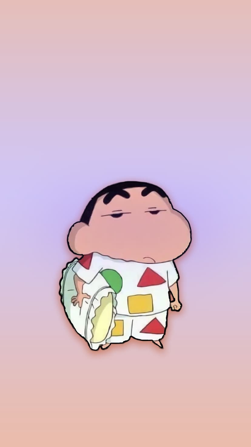 Shinchan in geometric pajamas holds a plush pillow against a purple and peach pastel gradient background.