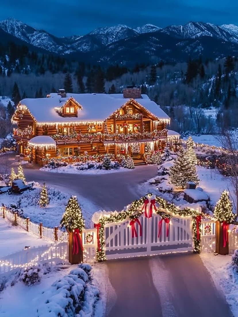 Log cabin with golden Christmas lights sits in a deep snow mountain landscape under a starry winter night sky.