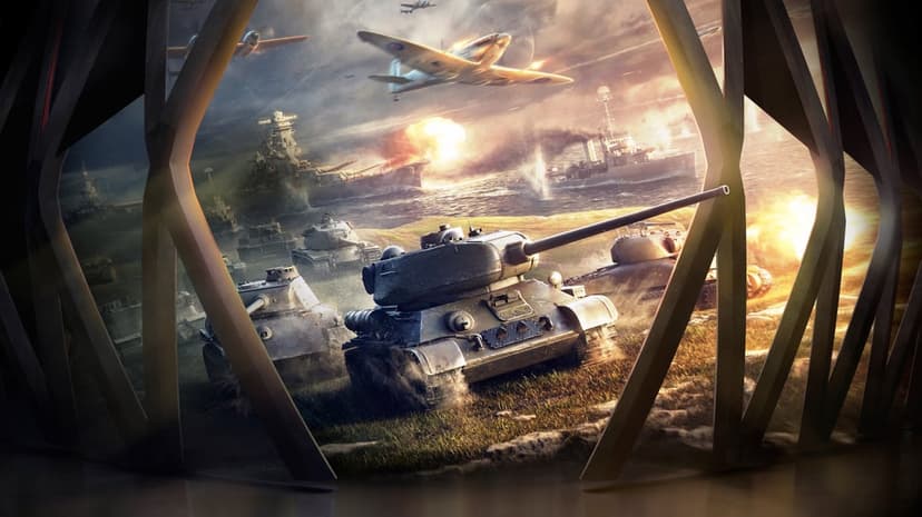Soviet T-34 tank leads an armored charge against a backdrop of naval warships and aerial dogfights in golden light.