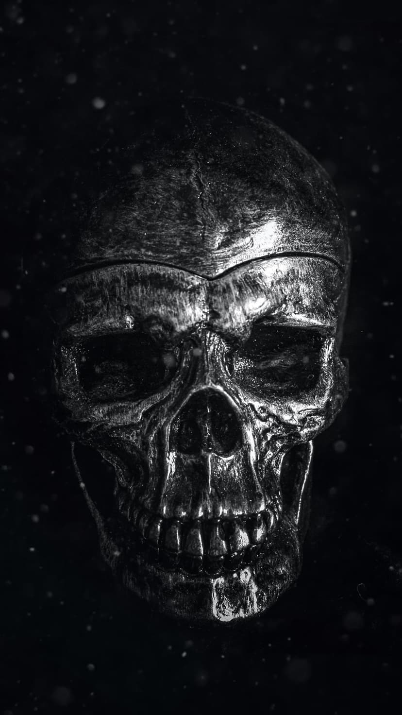 Metallic skull with deep eye sockets and textured teeth surrounded by floating dust in high-contrast black and white.