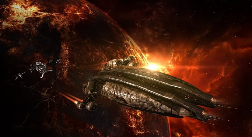 Large industrial spaceship orbits a molten volcanic planet with glowing lava veins and a red nebula background.