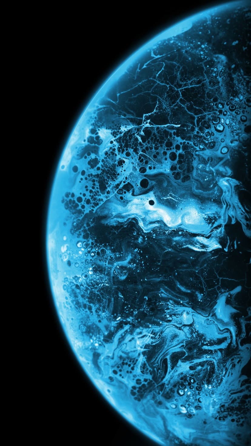 Cerulean bubbles and crystalline cracks intersect across a dark void, creating a complex fractal planet surface.