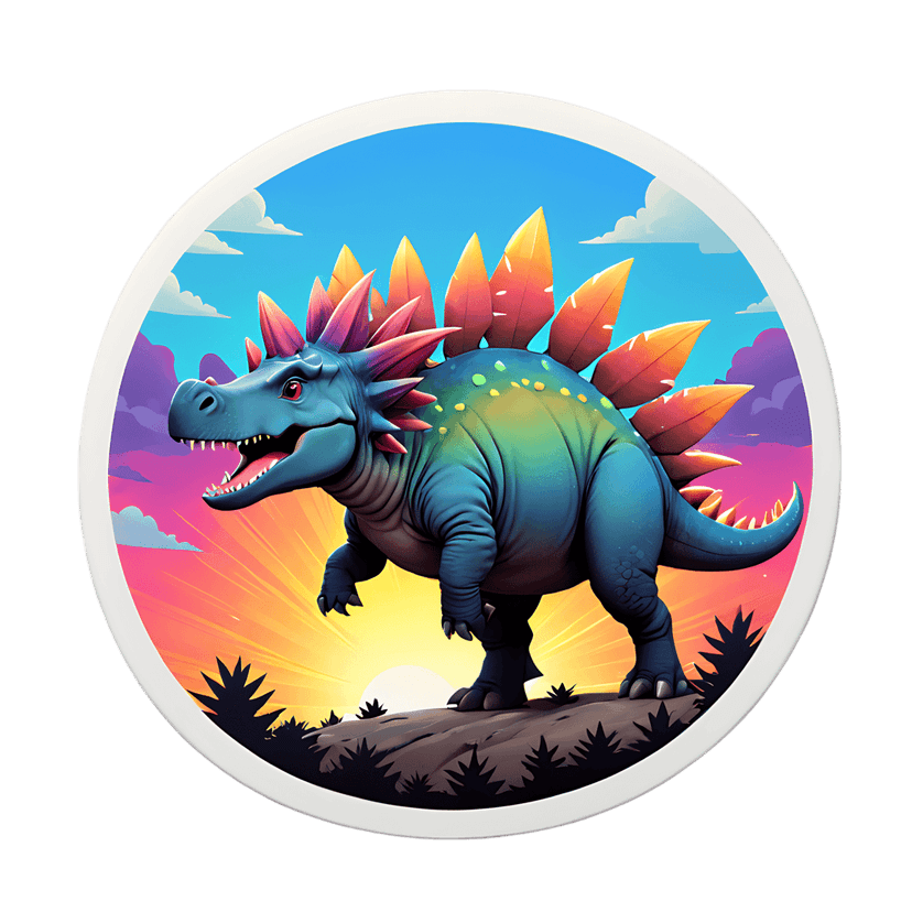 Stegosaurus sticker illustration features a teal dinosaur with pink plates against a purple sunset sky.